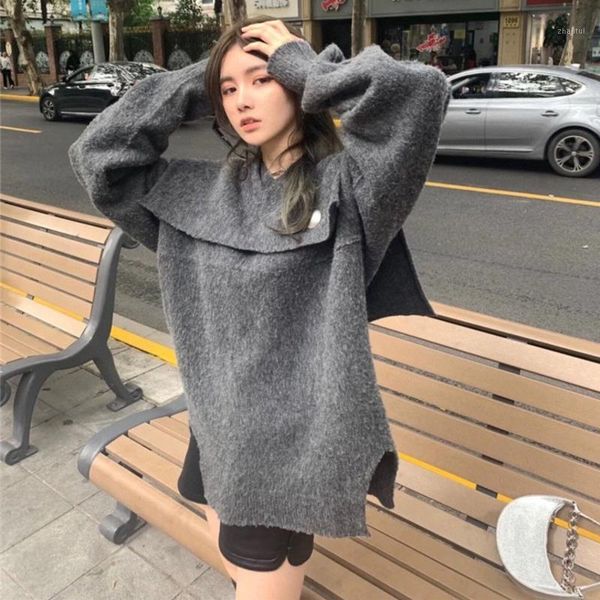 

spring winter 2021 loose personality v-collar side split knitting solid color long sleeve women sweater cc21 women's sweaters, White;black
