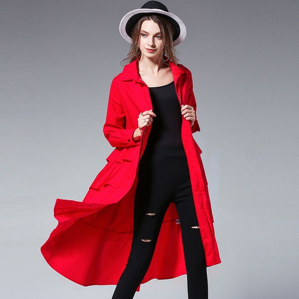 

big yards dresses large women's fat mm 2021 autumn mid long style foreign fashion ruffle trench coat 6899