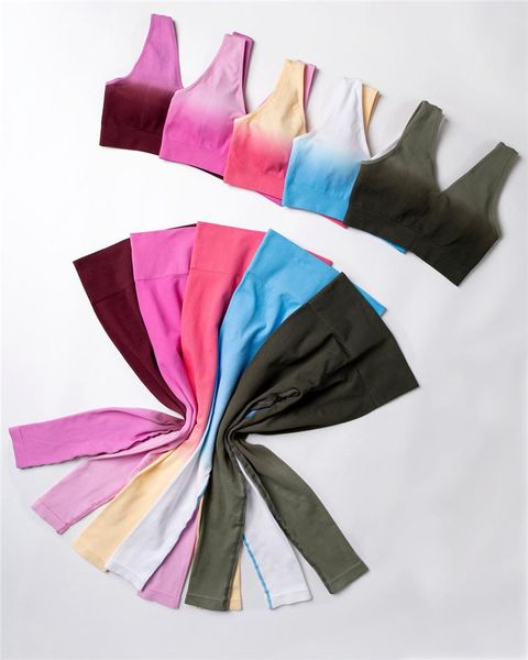 

yoga outfit gradient 2pcs set women sports leggings high waist pants long sleeve seamless tights workout squat proof sportsw