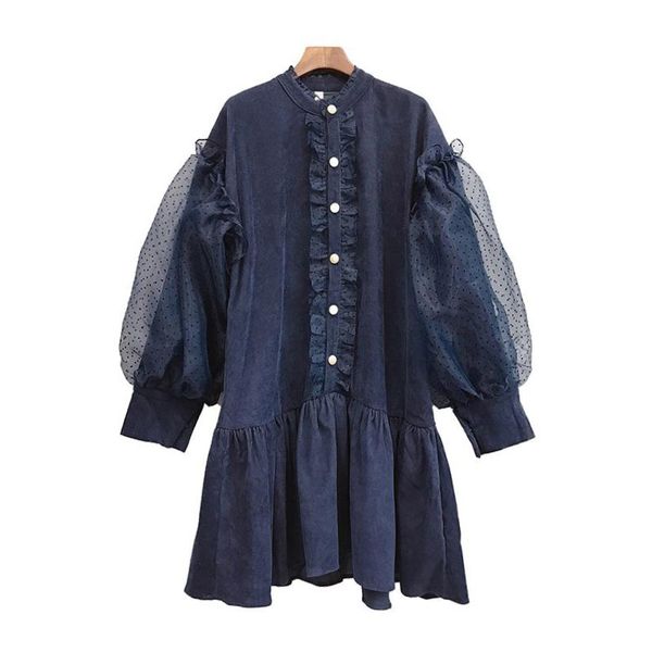 

woman elegant solid mandarin collar long sleeve puff knee length autumn spring corduroy dress d0960 210514, Black;gray