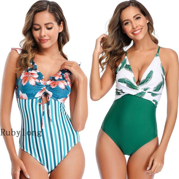 

female retro v neck blue striped swimsuit one piece ruffled push up padded high waist swimwear women monokini beachwear one-piece suits