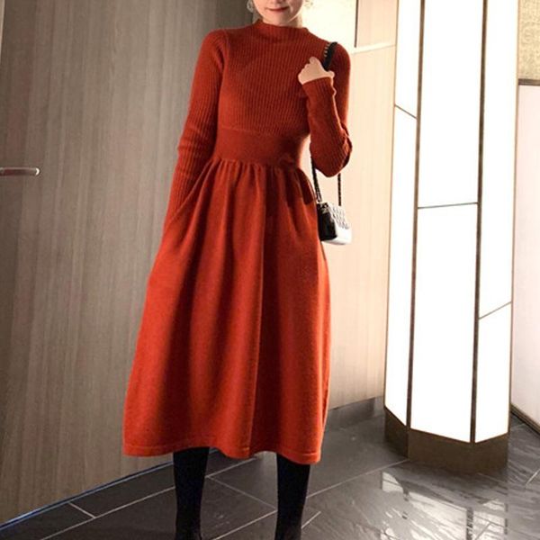 

casual dresses limiguyue women midi dress vintage half high collar long sleeve ruched sweater knitted elegant a line vestidos k2820, Black;gray