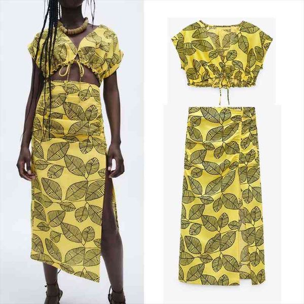 

summer yellow print midi women skirt za fashion high waist front elastic ruching vintage slit hem woman dress suits, Black