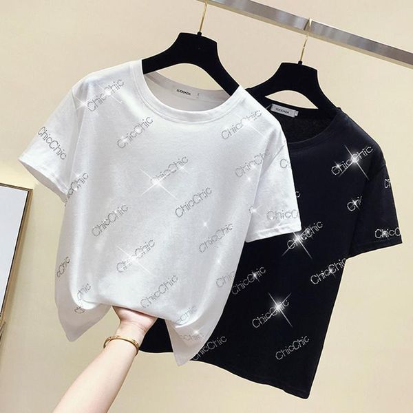 

women's t-shirt diamonds women clothes short sleeve summer 2021 womens cotton korean fashion tshirt vetement femme, White