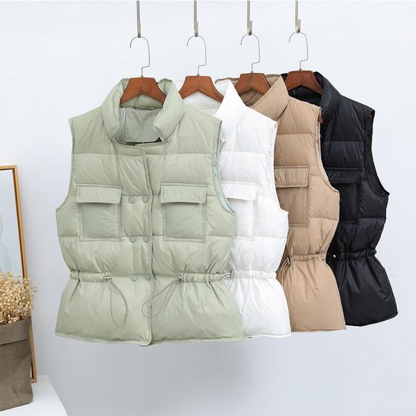 

women's vests fashion adjustable waist sleeveless vest women double breasted white duck down jacket warm short coat waistcoat c6572, Black;white