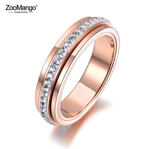 

wedding rings zoomango titanium stainless steel rotatable ring rose gold micro pave cz crystal anniversary for women zr19027, Slivery;golden