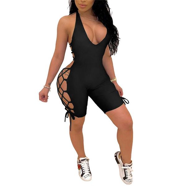 

women's jumpsuits & rompers women sling jumpsuit summer fashion hanging neck cutout lace up bodysuit solid color playsuits, Black;white