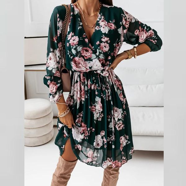 

casual dresses fashion long sleeve chiffon dress women v neck pleated party elegant harajuku floral print mini vestidos, Black;gray