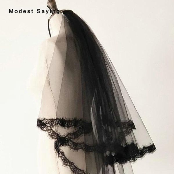 

bridal veils gothic black 80cm lace wedding 2021 with plastic comb two-layers elbow accessories voile de mariee