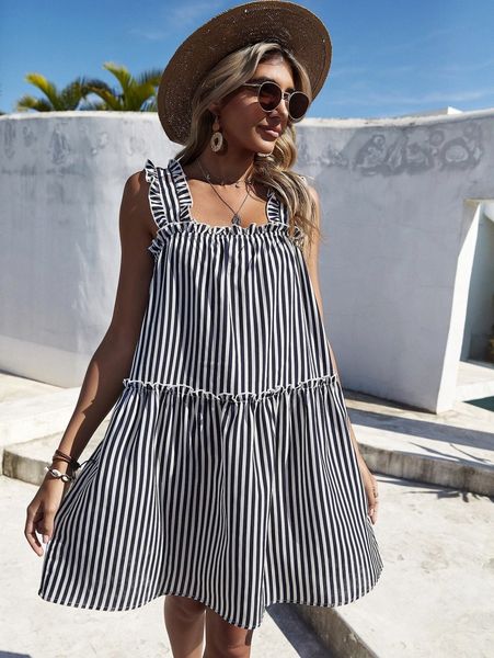 

striped print frill trim smock dress e2ya#, Black;gray