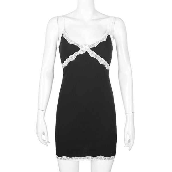 

2021sweetown patchwork lace edge y2k aesthetic cute women dress summer party v-neck lace strap mini dress female 90s streetwear, Black;gray