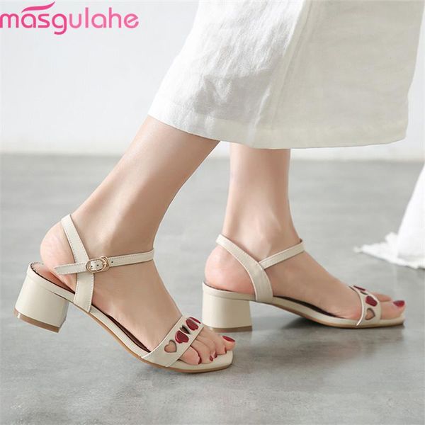 

masgulahe 2021 arrival women sandals genuine leather summer shoes heart-shaped square heels fashion casual ladies, Black