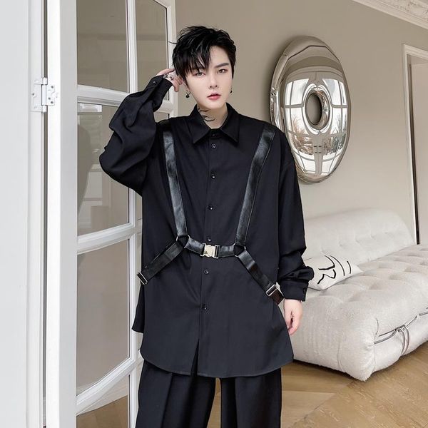 

men's casual shirts 2021 autumn leather belt buckle design hip hop shirt men harajuku black white oversize vintage straps long sleeve b, White;black