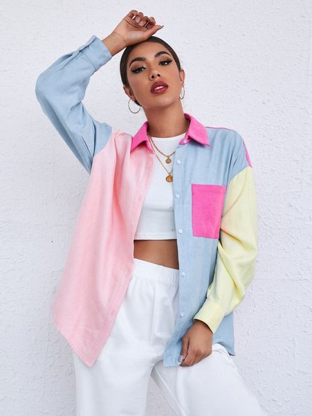 

pocket drop shoulder colorblock longline blouse f3ke#, White