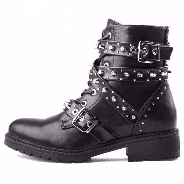 

women leather ankle boots ladies autumn buckle short square heel rivet for woman black fall winter punk motocycle shoes