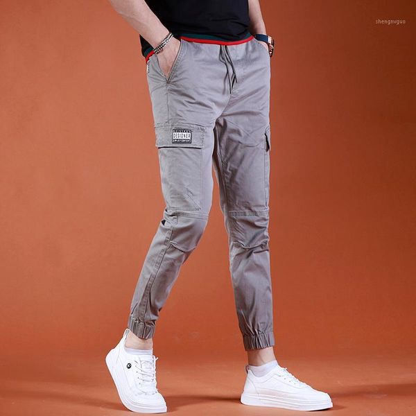 

summer men's cargo pants casual gray cotton drawstring ankle-length, Black