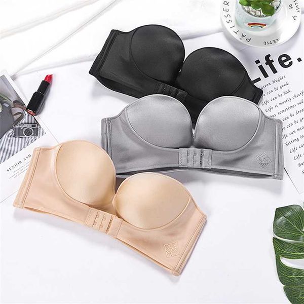 

women strapless push up bra front closure bralette invisible bras underwear lingerie 1/2 cup seamless brassiere abc cup 211110, Red;black