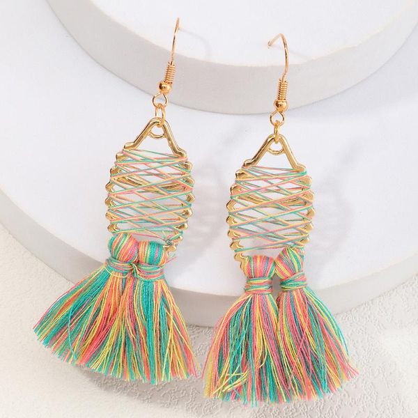 

dangle & chandelier boho fashion hand-weave cotton tassel fish shape drop earrings colorful thread statement earring for women jewelry, Silver