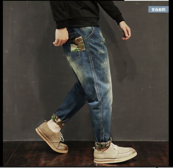 

spring brand jeans loose fit big size fat little leg pants men's korean casual harem fashion, Blue