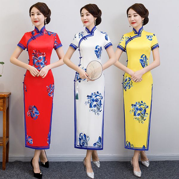 

elegant orientale women handmade button satin broadside long qipao chinese mandarin collar prined cheongsam oversize 5xl, Red