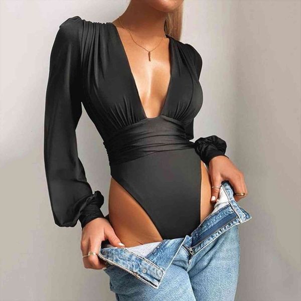 

long sleeve deep v womens jumpsuit bodysuit gathered waist pleated one piece stretch leotard romper pajamas solid, Black;white