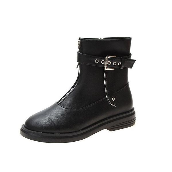 

front zipper buckle leather women's boots 2021 autumn winter plus size solid white ankle for women shoes woman booties, Black