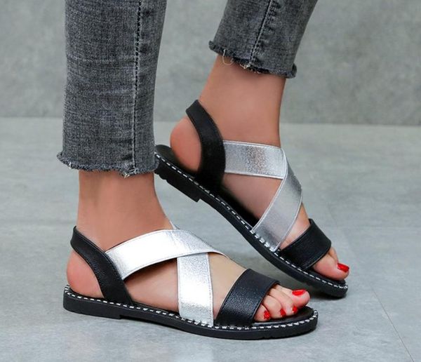 

sandals women summer slip on shoes peep-toe flat roman ladies flip flops sandal, Black