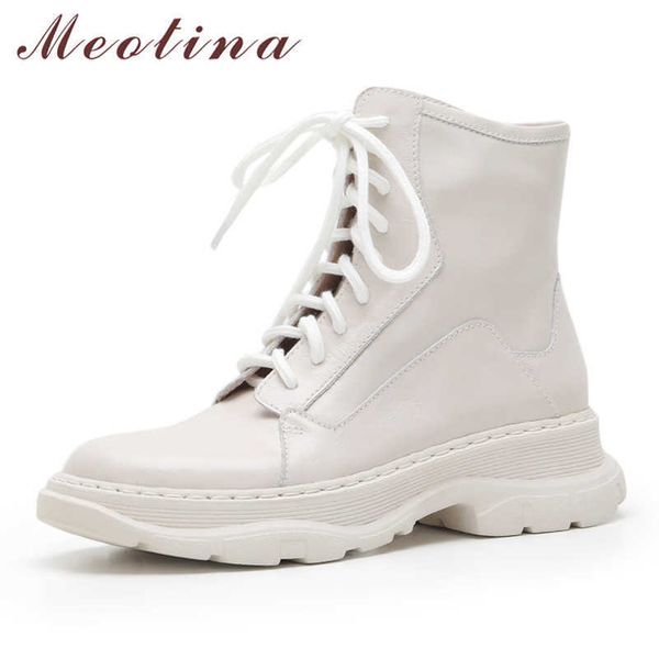 

meotina genuine leather flats platform motorcycle boots women ankle boots shoes zipper lace up ladies short boots autumn winter 210608, Black
