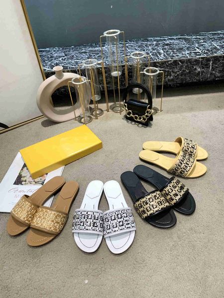 

slippers women flat sandals designer fashion hand-woven straw slide with box want the original pic, pls contact me, Black