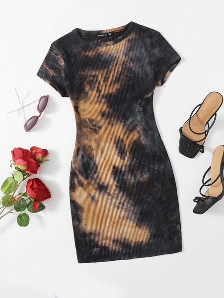 

tie dye rib-knit bodycon dress f7eu#, Black;gray
