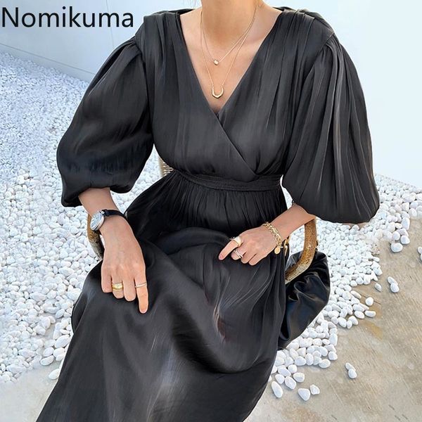 

nomikuma korean chic summer elegant dresses lantern sleeve v-neck slim waist women dress new a-line vestidos mujer 6g765 210427, Black;gray