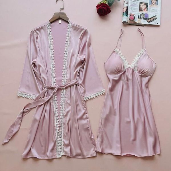 

women's sleepwear satin bathrobe lace patchwork for women bride bridesmaid wedding robe kimono gown loose robe&nightgown with pads, Black;red
