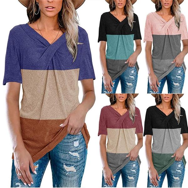 

women's t-shirt t shirt summer fashion casual color contrast v neck short sleeve tshirt harajuku cross knot loose oversize, White