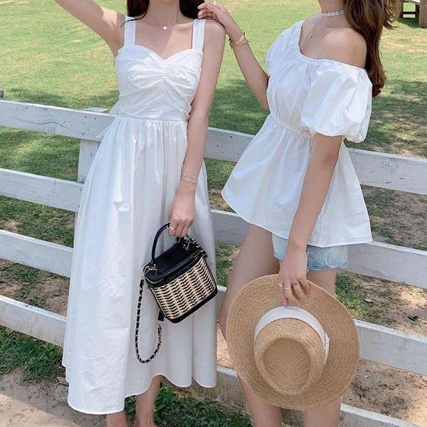 

casual dresses summer women's sweet and cute kawaii sling dress female french halter high waist v-neck loose mid-length 2021, Black;gray