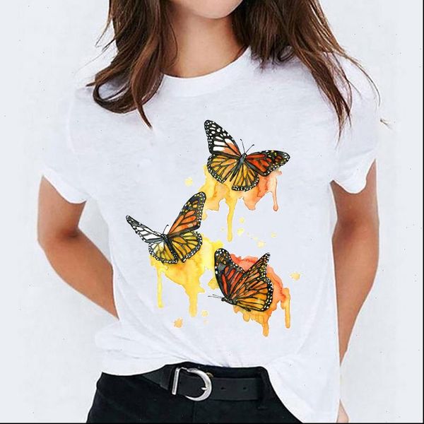 

watercolor butterfly printing 90s casual women print graphic tee, White