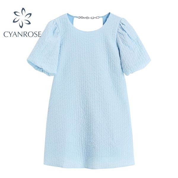 

women blue streetwear blackless chain dress vintage puff short sleeve o neck mini dresses summer designer party frcoks 210515, Black;gray