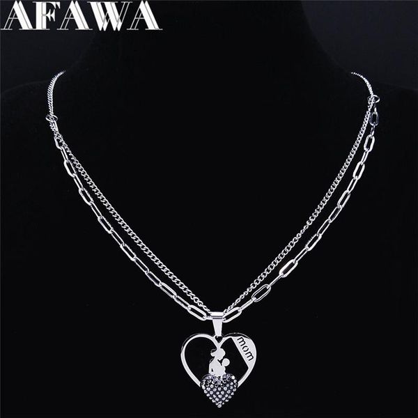 

pendant necklaces stainless steel crystal heart mama baby silver color necklace women family jewelry accesorios mujer n4819s01
