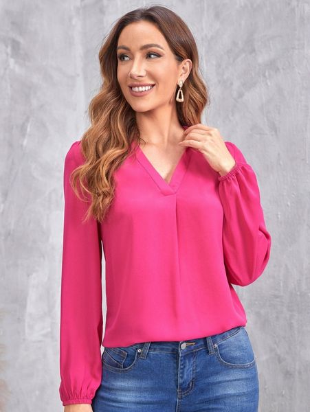 

v neck blouson sleeve solid u3hn#, White