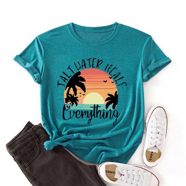 

women's t-shirt woman short sleeve colored summer beach tree shirts for women salt water heals everything print graphic tees, White