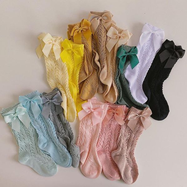 

socks bow knot baby kids 100% cotton breathable mesh long for girls children princess knee high school pink, Pink;yellow