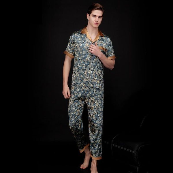 

men's sleepwear mens paisley silk pajamas set summer short sleeve satin male plus size loose dressing gown nightgown, Black;brown