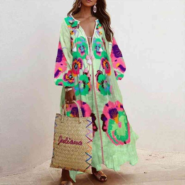 

elegant floral print tassel long party dress autumn vintage long lantern sleeve ladies dresses women v neck casual loose dress, Black;gray