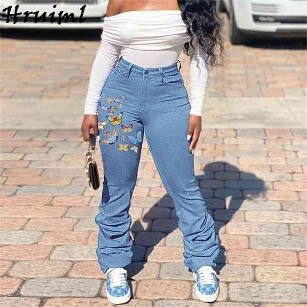 

vintage women jeans stacked pants plus size mid waist trousers fashion butterfly embroidery autumn mujer pantalones 210513, Blue