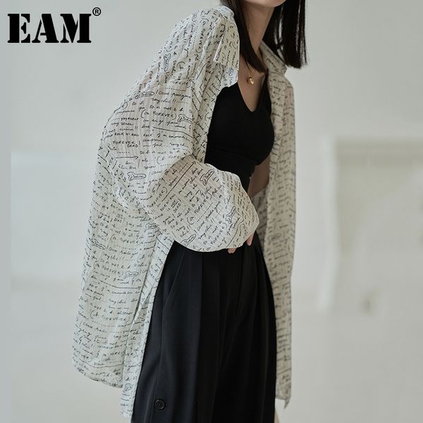 

[eam] women black big size printed letter chiffon blouse lapel long sleeve loose fit shirt fashion spring summer 1dd8026 21512, White