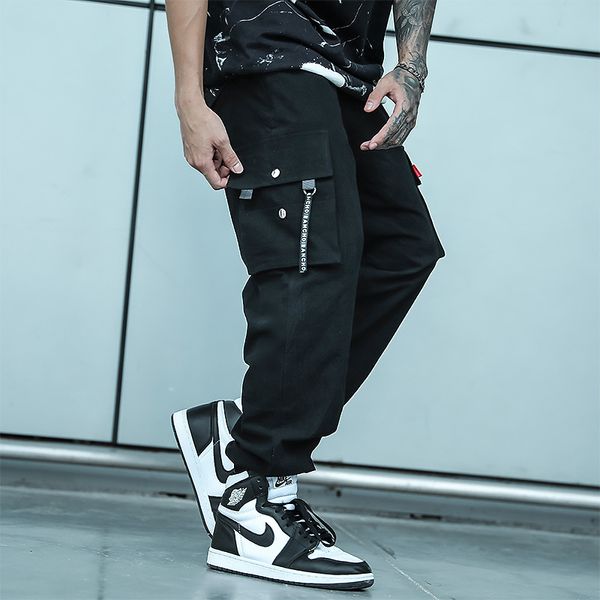 

pants fashionable the gaojie guochao overalls summer men's casual with loose toe pocket and breathable cotton, Black