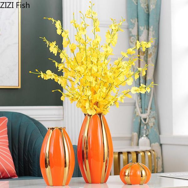 Vasen, Sternfrucht-Keramikvase, orangefarbenes Porzellan, Schreibtischdekoration, goldene Streifen, Blumen, künstliche Blumen, Heimdekoration, modern