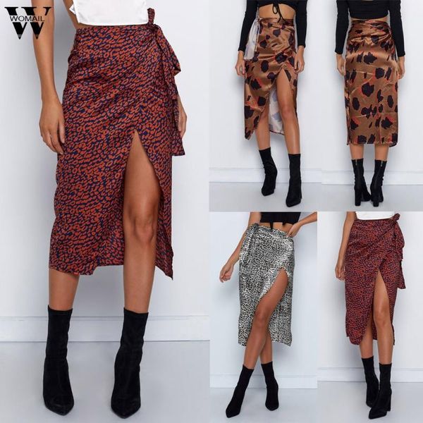 

skirts womail skirt women summer leopard print wrap bow satin midi split bandage club beach faldas mujer moda 2021, Black