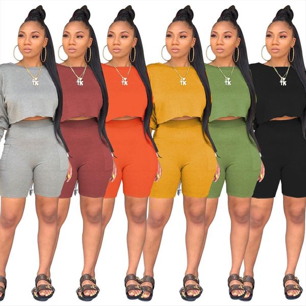 

2pcs active set short solid womens tracksuits color outfits long sleeve round neck t shirt side pocket biker shorts style, Gray
