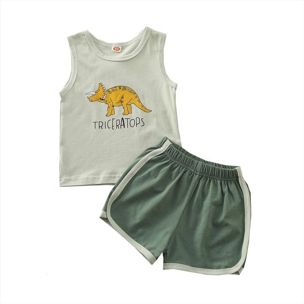 

girls casual two piece clothes set dinosaur and letters printed pattern vest elastic waist shorts, claret brown green, White