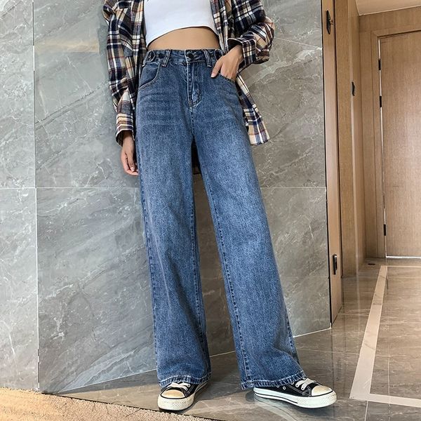

pockets cuffs high waist jeans women streetwear straight jean femme blue 100% cotton cargo pants